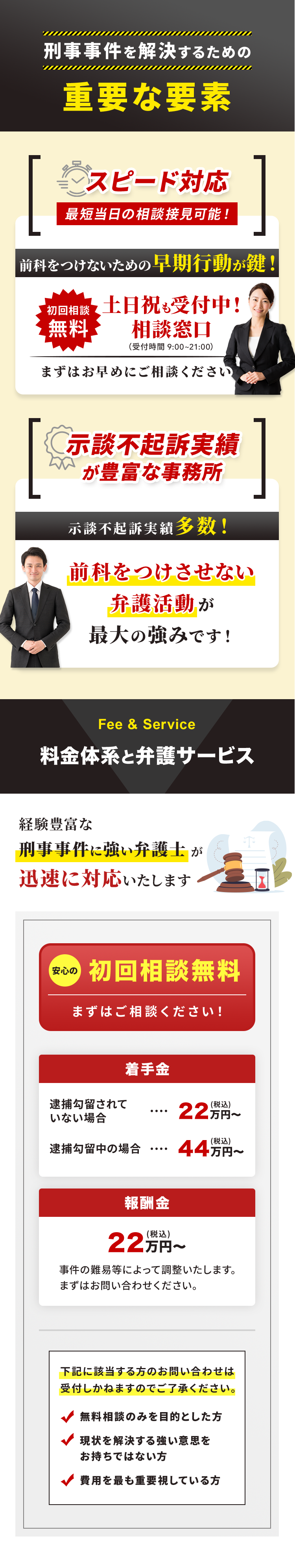 刑事事件を解決するための重要な要素 スピード対応 最短当日の相談接見可能！ 前科をつけないための早期行動が鍵！ 初回相談無料 土日祝も受付中! 相談窓口（受付時間 9:00~21:00） まずはお早めにご相談ください 示談不起訴実績が豊富な事務所 示談不起訴実績多数！ 前科をつけさせない弁護活動が最大の強みです！ 料金体系と弁護サービス 経験豊富な刑事事件に強い弁護士が迅速に対応いたします 安心の初回相談無料 まずはご相談ください！ 着手金 逮捕勾留されていない場合 22万円〜(税込) 逮捕勾留中の場合 44万円〜(税込) 報酬金 22万円〜(税込) 事件の難易等によって調整いたします。まずはお問い合わせください。 下記に該当する方のお問い合わせは受付しかねますのでご了承ください。 無料相談のみを目的とした方 現状を解決する強い意思をお持ちではない方 費用を最も重要視している方