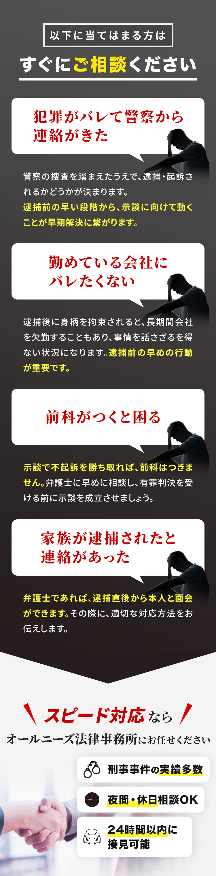 以下に当てはまる方はすぐにご相談ください 犯罪がバレて警察から連絡がきた 警察の捜査を踏まえたうえで、逮捕・起訴されるかどうかが決まります。逮捕前の早い段階から、示談に向けて動くことが早期解決に繋がります。 勤めている会社にバレたくない 逮捕後に身柄を呼応速されると、長期間会社を欠勤することもあり、事情を話さざるを得ない状況になります。逮捕前の早めの行動が重要です。 前科がつくと困る 示談で不起訴を勝ち取れば、前科はつきません。弁護士に早めに相談し、有罪判決を受ける前に示談を成立させましょう。 家族が逮捕されたと連絡があった 弁護士であれば、逮捕直後から本人と面会ができます。その際に、適切な対応方法をお伝えします。 スピード対応ならオールニーズ法律事務所にお任せください 刑事事件の実績多数 夜間・休日相談OK 24時間以内に接見可能